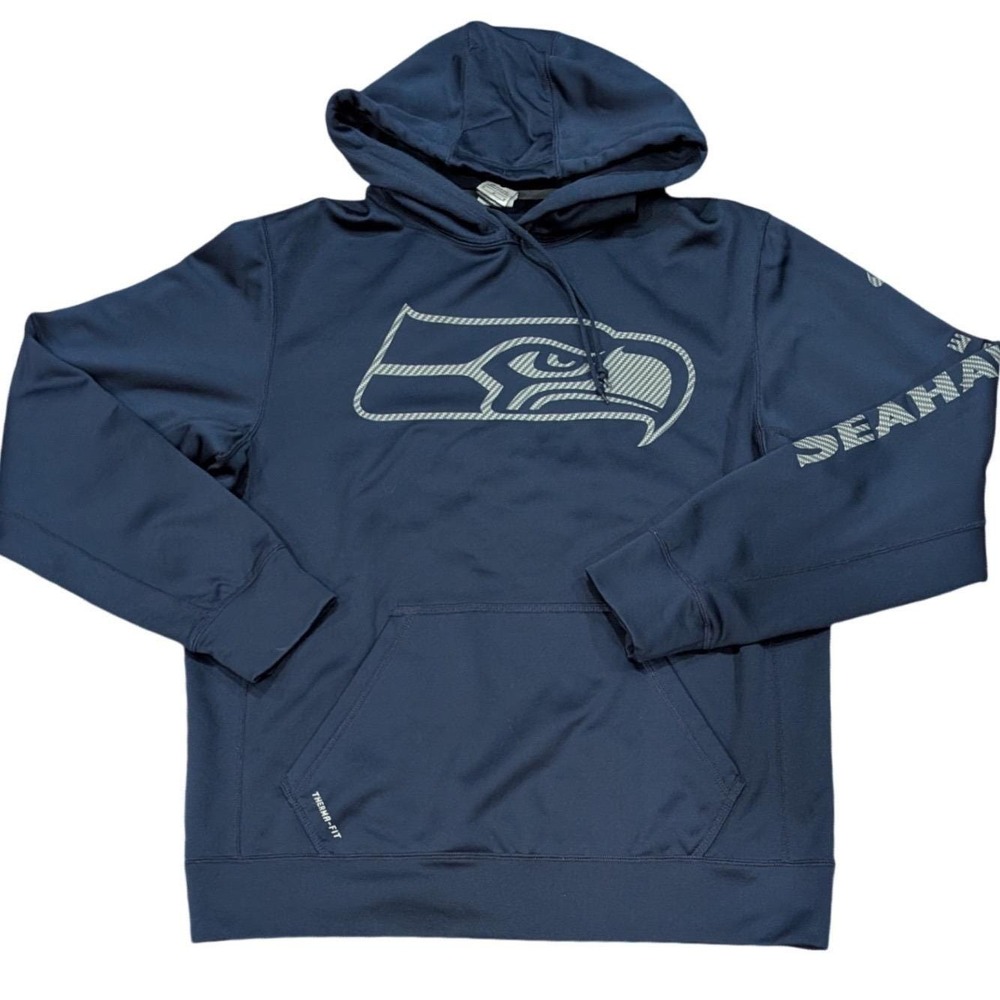 NIKE Therma-FIT Seattle Seahawks Navy Blue Pullover Hoodie Mens Medium NFL PNW